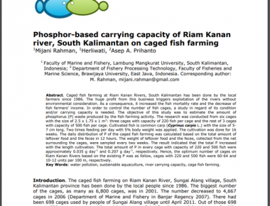 Phosphor-based carrying capacity of Riam Kanan river, South Kalimantan on caged fish farming