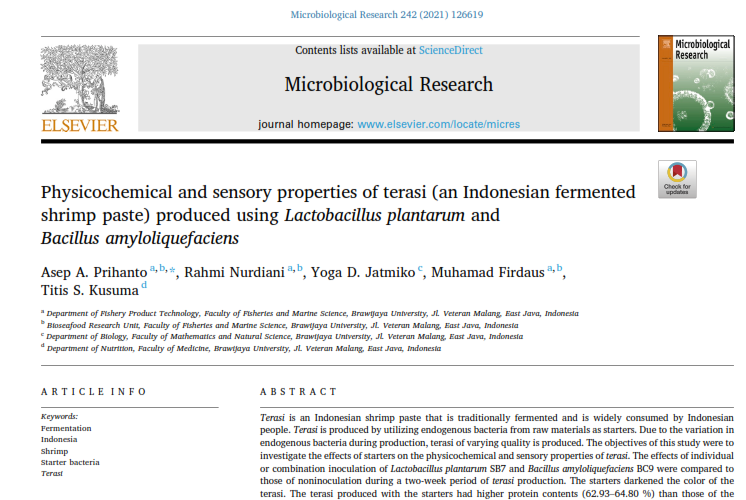 Physicochemical and Sensory Properties of Terasi (an Indonesian Fermented Shrimp Paste) Produced Using Lactobacillus plantarum and Bacillus amyloliquefaciens