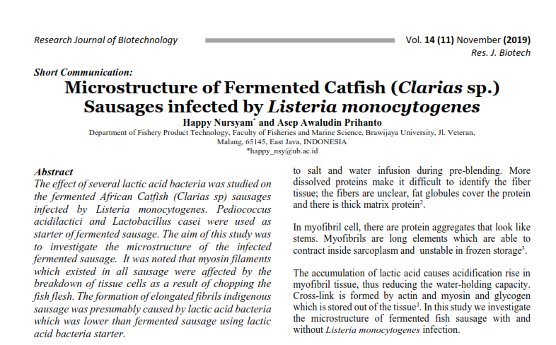 Microstructure of Fermented Catfish (Clarias sp.) Sausages infected by Listeria monocytogenes
